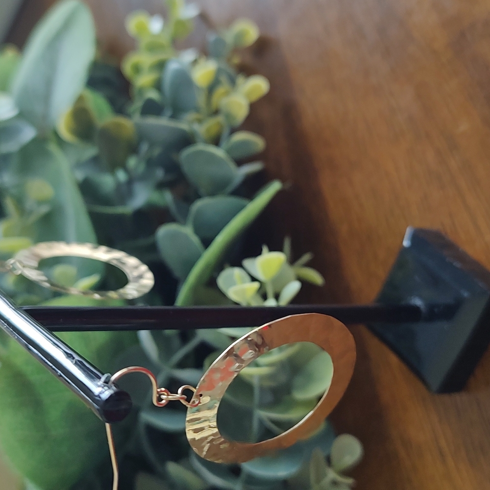 Solid 14k Gold Hammered Circle Earrings - Picture 2 of 6